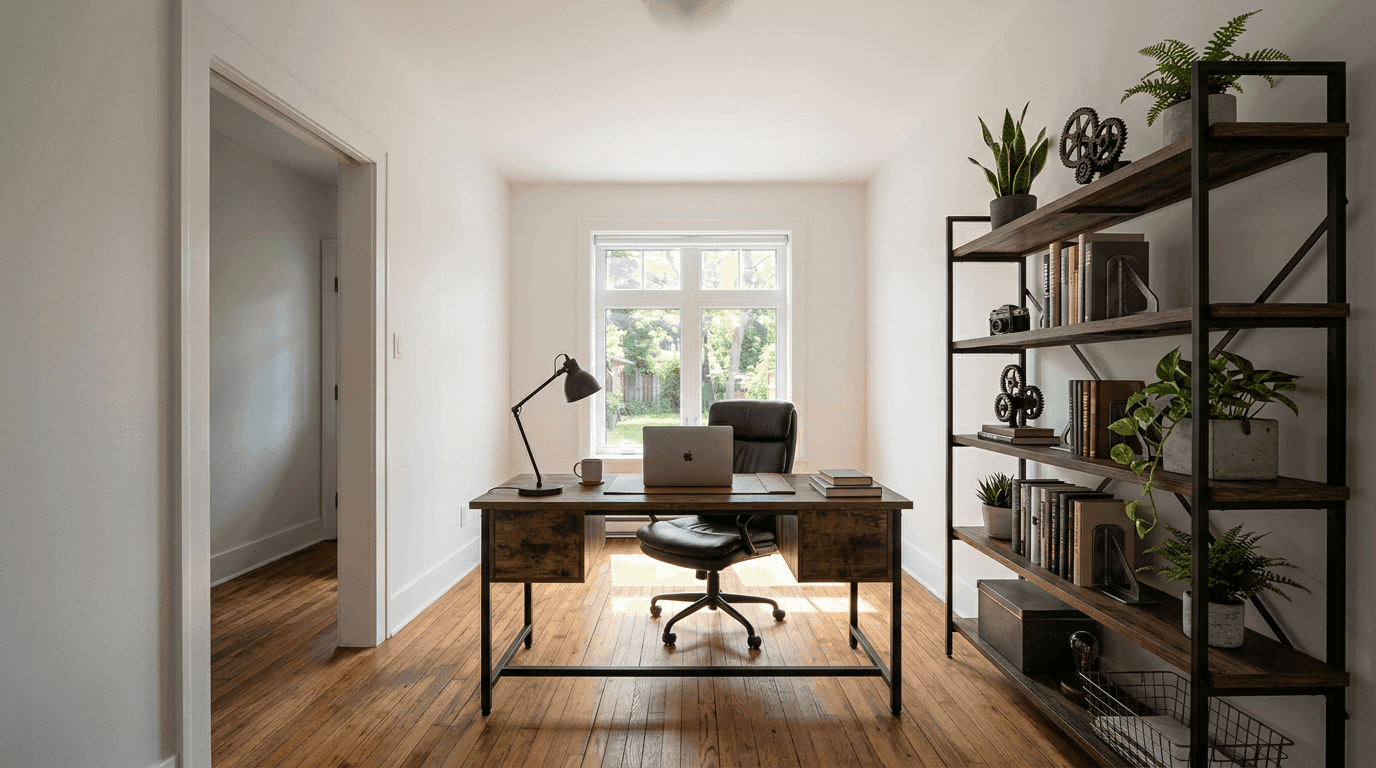 Photorealistic AI virtual staging software transformation of #Industrial #HomeOffice into industrial style