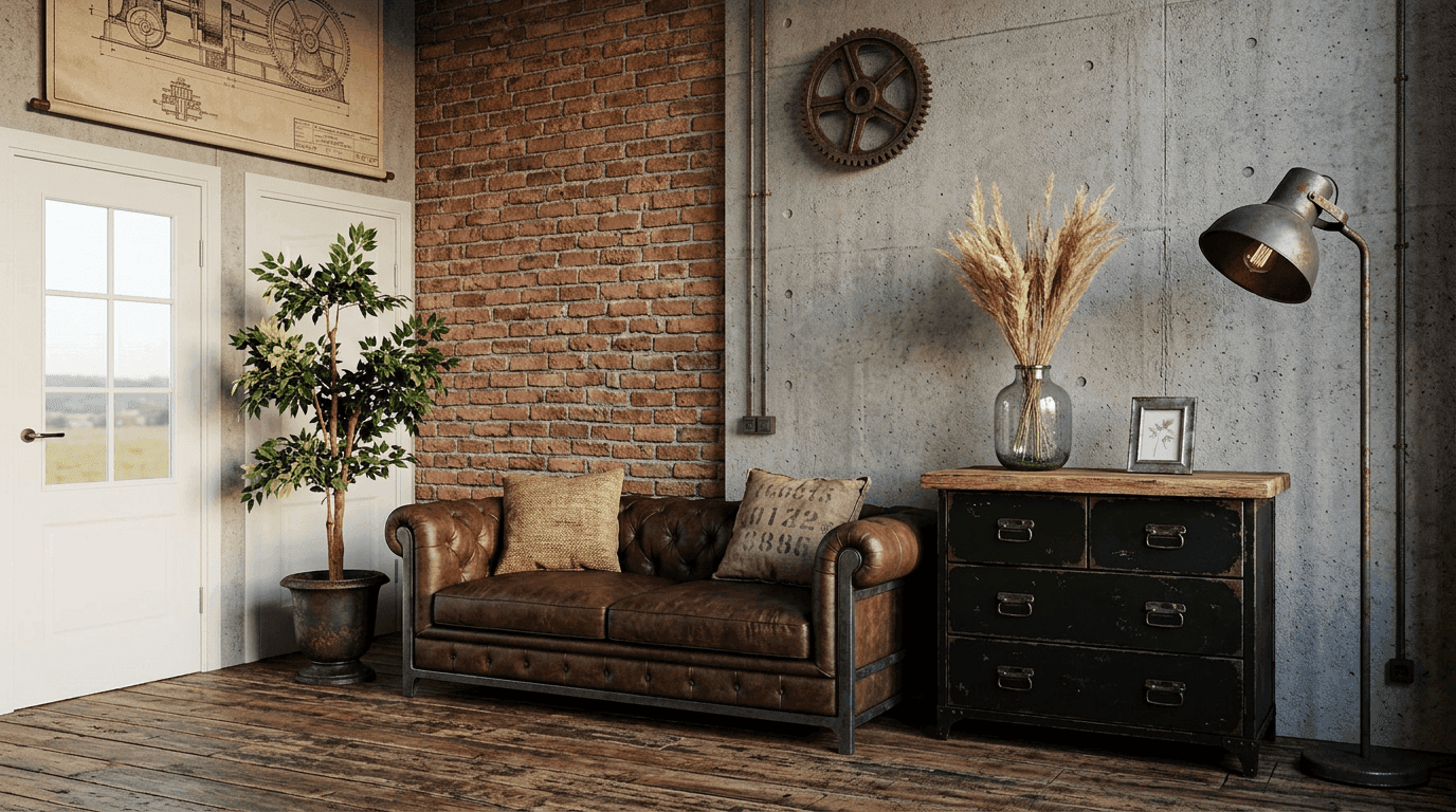 Photorealistic AI virtual staging software transformation of #Industrial #LivingRoom #Loft into industrial style