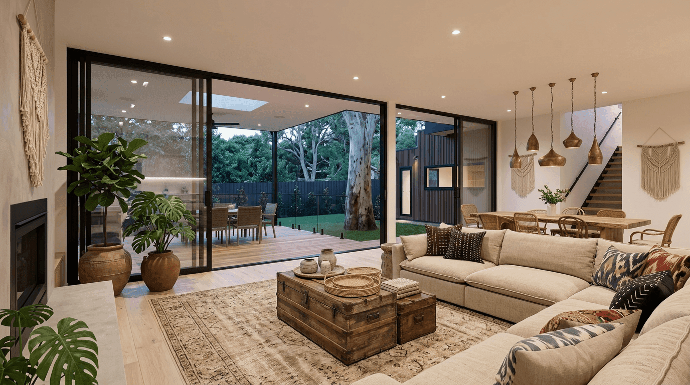 Photorealistic AI virtual staging software transformation of #Boho #LivingRoom #Loft into bohemian style